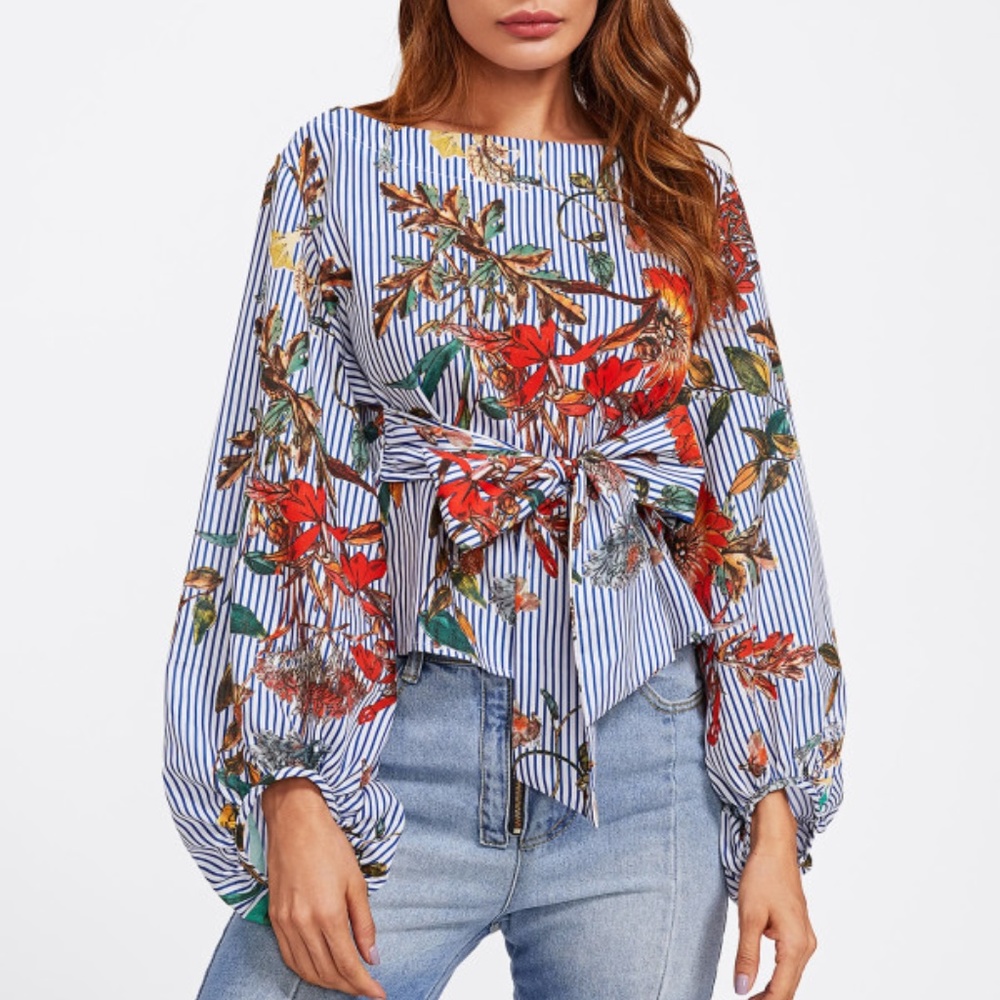 Mixed Print Puffy Sleeve Blouse